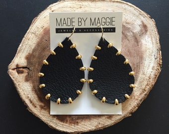 Studded Black Leather Teardrop Earrings: Sterling Silver or Gold Filled