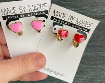 Heart hoop earrings - gold huggie hoops with enamel hearts hoops in red and pink
