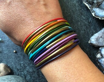 RAINBOW Leather Cuff Bracelet - ROYGBIV - Made by Maggie favorites - Pride