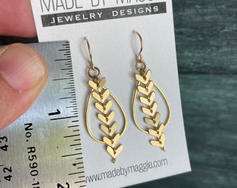 Small Brass teardrops with matte gold or antique gold chevron chain on 14k gold fill earwires