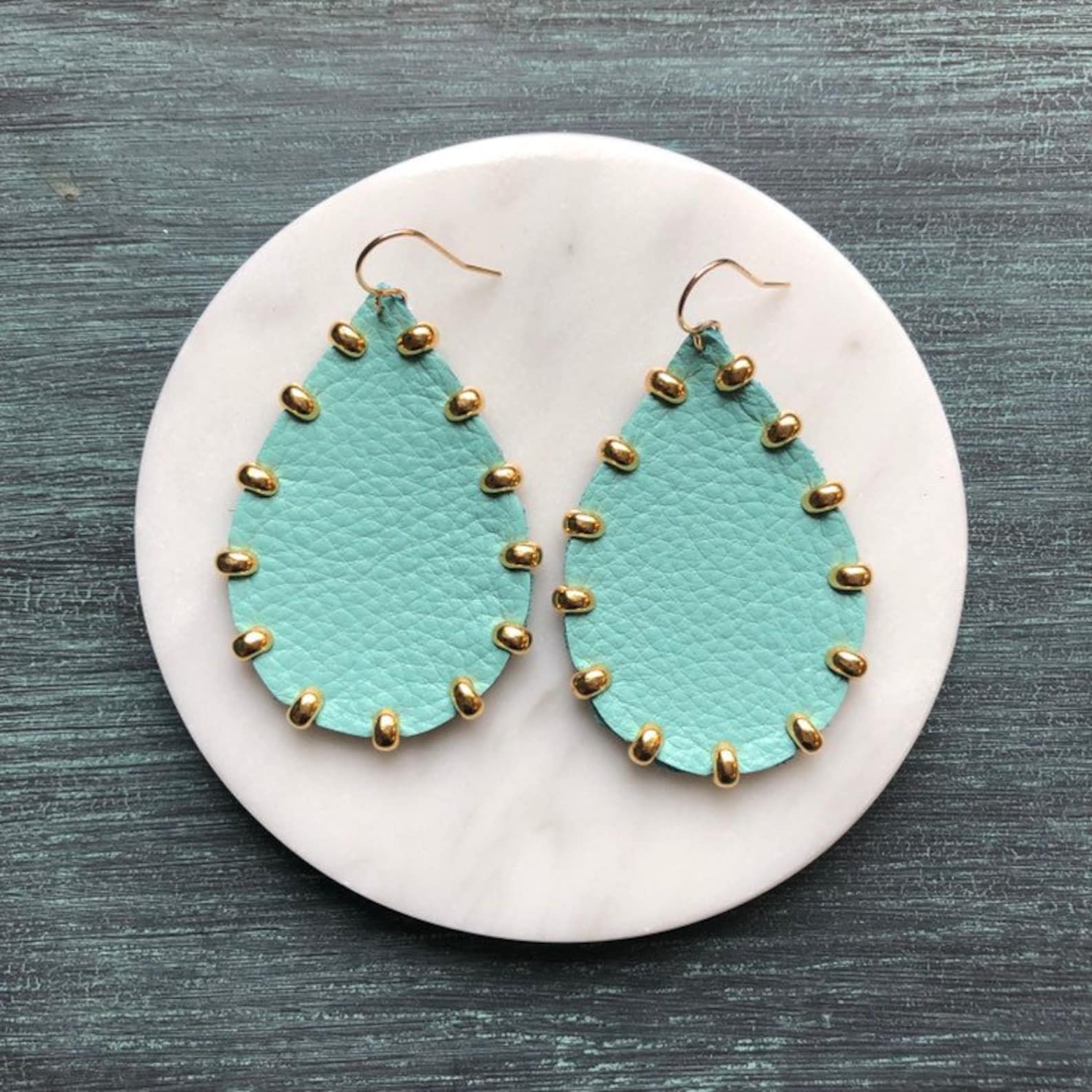 Genuine Leather Earrings Studded Leather Teardrop Earrings Etsy