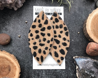 Tiny Cheetah Print Leather earrings  (tan with black) - Pony Hair Leather Earrings - Bohemian Earrings