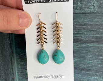 Turquoise earrings - Gold fishbone chain turquoise drop earrings