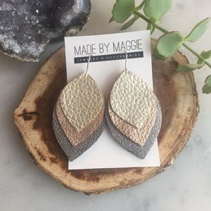 Mixed Metal Leather Earrings: Champagne, Rose Gold, Gunmetal