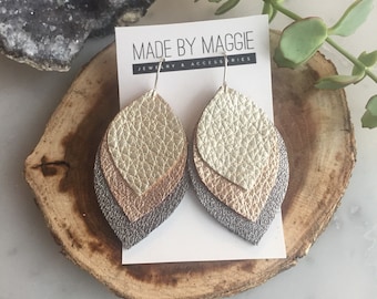 Mixed Metal Leather Earrings: Champagne, Rose Gold, Gunmetal
