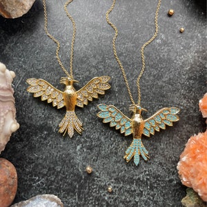 Gold Phoenix Pendant Necklace - Available with clear crystals or turquoise crystals