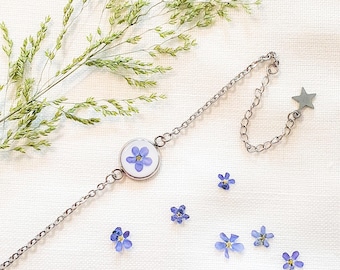 Real Forget-Me-Not Bracelet: Minimalist Stainless Steel Flower Jewelry