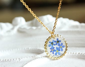 Echte Blume Halskette, Vergissmeinnicht Anhänger, gold Schmuck