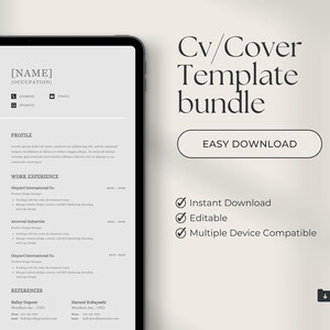 May include: A digital mockup of a CV and cover letter template bundle. The template features a minimalist design with a green icon and text that reads "[NAME]" and "[OCCUPATION]". The text "Cv/Cover Template bundle" is displayed in a large font at the top of the image. The text "EASY DOWNLOAD" is displayed in a button below the template title. A list of features is displayed below the button, including "Instant Download", "Editable", and "Multiple Device Compatible".