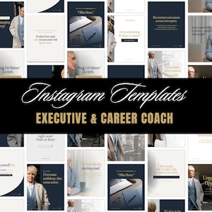 Puede incluir: Un conjunto de plantillas de Instagram para coaches ejecutivos y de carrera. Las plantillas presentan un esquema de color azul oscuro y blanco con superposiciones de texto. El texto incluye frases como "Office Hours" y "Work-Life Balance".