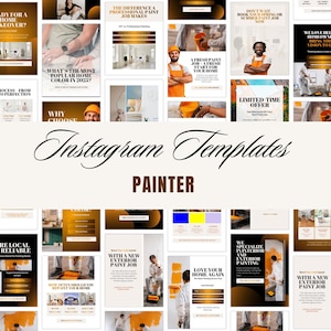 May include: A set of Instagram templates for painters, displaying various designs with text and images. The templates promote home painting services, colour choices, and special offers. The colour scheme includes orange, gold, and white.