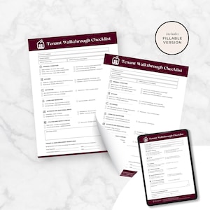 May include: A tenant walkthrough checklist with a burgundy header and footer. The checklist includes sections for property address, general condition, kitchen, bathroom, living and bedrooms, and utilities. A tablet displays the checklist. The image includes a fillable version.