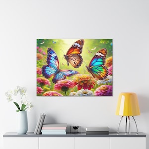 Stampa su tela con farfalle colorate, decorazione naturale vibrante per la casa, stampa su tela floreale, decorazione primaverile, regalo per gli amanti della natura