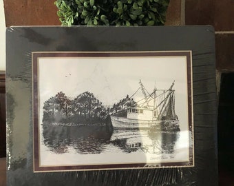 Vintage Charles Heath Signed Pen & Ink Print, Lakehouse Decor, Beach Decor