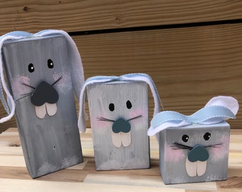 Easter Bunny Blocks, Handmade Set of 3 Tiered Tray Wood Bunnies