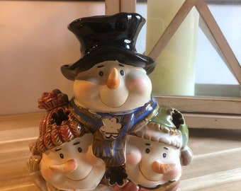 Vintage Kirklands Potter's Garden Snowmen Tea Light Christmas Candle Holder