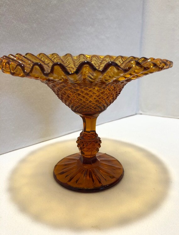 Vintage Amber Glass Pedestal Bowl Dish Diamond Cut Amber Etsy