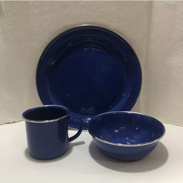 Ozark Trail Enamelware Camping Dishes Blue and White Speckled Plate Bowl & Cup