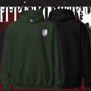 May include: Two hooded sweatshirts, one dark green and one black, are displayed. The dark green hoodie features a white and blue emblem on the chest. The background is dark with white text and Japanese characters.