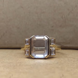 Cluster Moissanite Engagement Ring Bezel Set Portrait Cut Ring Rectangle Portrait Cut Baguette Diamond Ring 18k Solid Gold Anniversary Gifts