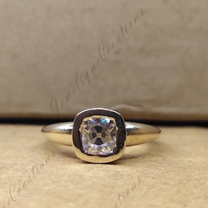 Bezel Set Solitaire Diamond Ring 5.5mm Old Mine Cushion Cut Moissanite Engagement Ring Wedding Proposal Gifts for Women&#39;s in 18k Yellow Gold