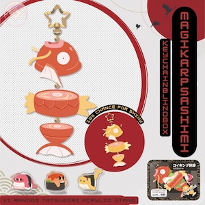 Peut inclure: Ensemble d'accessoires en acrylique et porte-clés avec un design de poisson rouge et doré. Les porte-clés incluent un charm en forme d'étoile et le texte "10% Chance for Shiny". L'image comprend également des supports en acrylique sur le thème des sushis.