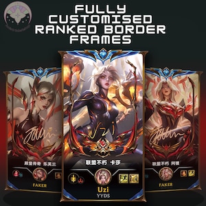 May include: Customized ranked border frames featuring female characters with detailed artwork. The frames have a blue and gold design with the text "FULLY CUSTOMISED RANKED BORDER FRAMES" at the top. Each frame includes a character portrait, signature, and player information.