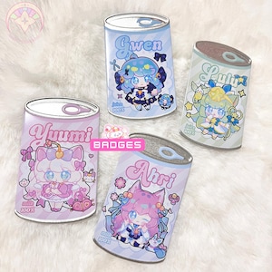 Insignias de latas de refresco de League of Legends: Gwen, Lulu, Ahri y Yuumi