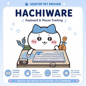 May include: A digital graphic titled HACHIWARE Keyboard & Mouse Tracking featuring a white cartoon cat with blue ears at a desk with a keyboard, mouse, camera, and string instrument. Text includes Keyboard Tracking, Mouse Following, and Streaming Friendly.