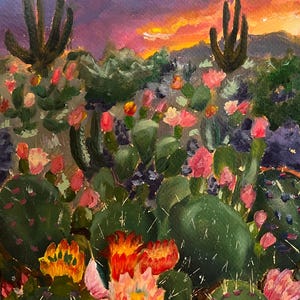 Fioritura al Tramonto: Cactus e Colori del Deserto – Dipinto ad Olio su Tela A4