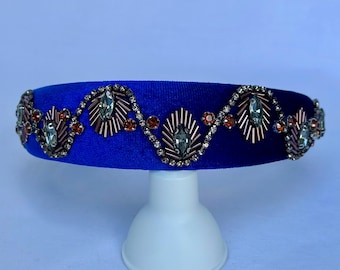 Handmade Headband, Luxury Headband, Headband Beaded, Rhinestone Headband, Velvet Headband, Sax Blue Crown, Headband, Gems, Stylish