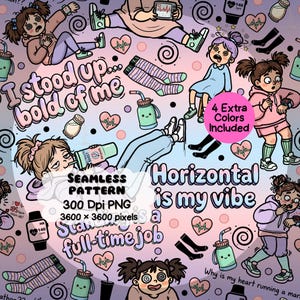 Puede incluir: Un patrón sin costuras caprichoso con personajes de dibujos animados, corazones, calcetines y botellas de agua. El texto incluye "I stood up bold of me" y "Horizontal is my vibe". El diseño incluye 4 colores extra. El patrón es de 3600 x 3600 píxeles.