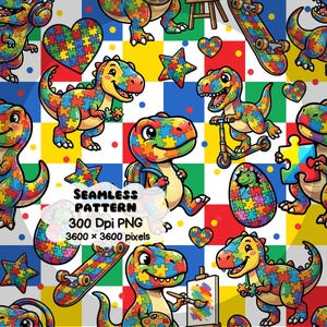 May include: A seamless pattern with cartoon dinosaurs, stars, hearts, skateboards, and puzzle pieces. The dinosaurs are made of colourful puzzle pieces. The background is a grid of red, yellow, green, and blue squares. Text reads "SEAMLESS PATTERN 300 DPI PNG 3600 x 3600 pixels."