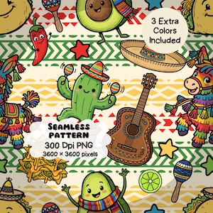 May include: A colorful seamless pattern featuring cartoon illustrations of Mexican-themed elements. The design includes a cactus with maracas, a guitar, an avocado, a sombrero, a donkey piñata, and the text "3 Extra Colors Included".