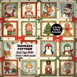 May include: A seamless pattern featuring a grid of square frames containing Christmas illustrations including Santa, Mrs. Claus, reindeer, a snowman, an elf, a carol singer, a tree, a gingerbread man, penguins, a nutcracker, and a mouse.