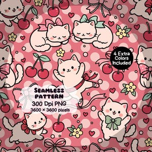 May include: A seamless digital pattern featuring light pink cats, red cherries, small yellow flowers, and pink bows on a pink polka dot background. Text reads: SEAMLESS PATTERN 300 Dpi PNG 3600 x 3600 pixels and 4 Extra Colours Included.