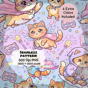 Super Kitty transparente motif PNG, motif chat mignon, papier numérique Kawaii Kitty, chats de dessin animé pastel, conception d'impression de tissu