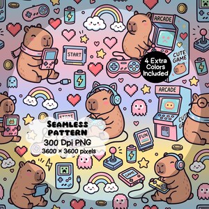 May include: A seamless digital pattern featuring brown capybaras playing video games, arcade machines, pixelated hearts, rainbows, batteries, and game controllers. Text includes SEAMLESS PATTERN 300 Dpi PNG 3600 x 3600 pixels and 4 Extra Colors Included.