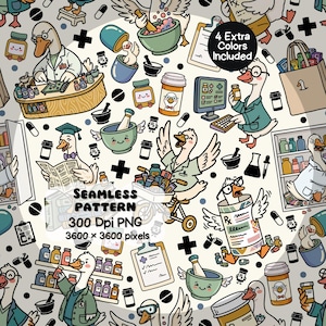 Cute Silly Goose Pharmacist Seamless Pattern | Pharmacology Digital Paper PNG | Medical Scrub Fabric Design | Pharmacy Student 12x12 300 DPI