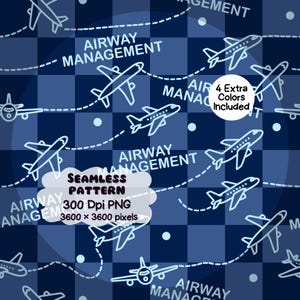 Könnte beinhalten: Ein nahtloses Muster mit weißen Flugzeug-Umrissen und gestrichelten Flugrouten auf dunkelblauem Karohintergrund. Der Text lautet AIRWAY MANAGEMENT, 4 Extra Colors Included, SEAMLESS PATTERN, 300 Dpi PNG und 3600 x 3600 pixels.