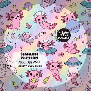 May include: A seamless pattern featuring pink axolotls in space with UFOs, planets, stars, and comets on a holographic background. Text reads: SEAMLESS PATTERN 300 Dpi PNG 3600 x 3600 pixels and 4 Extra Colors Included. The design includes small bows.