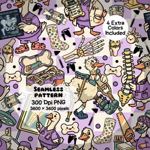 May include: A seamless pattern with cartoon geese dressed as doctors, surrounded by medical equipment and bone diagrams. The design includes the text "SEAMLESS PATTERN" and "300 Dpi PNG 3600 x 3600 pixels". Additional text includes "BONE CHECKLIST" and "4 Extra Colors Included".