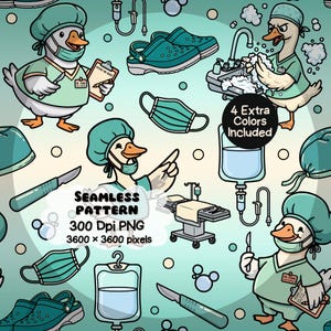 May include: Seamless pattern featuring cartoon ducks dressed as medical professionals. The design includes surgical masks, scrubs, scalpels, IV bags, and medical clogs. The text "Seamless Pattern" and "4 Extra Colors Included" are also visible.
