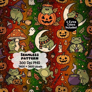 May include: A seamless digital pattern featuring green frogs in Halloween costumes, jack-o'-lanterns, mushrooms, ghosts, and moons on a glittery red and green background. Text reads: SEAMLESS PATTERN 300 Dpi PNG 3600 x 3600 pixels and 4 Extra Colors Included.