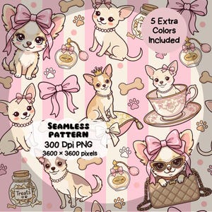 Pode incluir: Um padrão sem costura com Chihuahuas de desenho animado adornados com laços rosa, pérolas e coroas. O design inclui frascos de perfume, ossos de cão, pegadas e o texto "SEAMLESS PATTERN 300 Dpi PNG 3600 x 3600 pixels" e "5 Extra Colors Included."