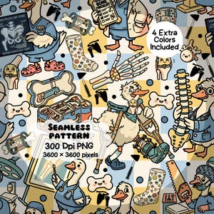 May include: Seamless pattern featuring cartoon geese dressed as doctors and medical tools. The design includes x-rays, bone checklists, and surgical tools. The text on the image reads "SEAMLESS PATTERN 300 DPI PNG 3600 x 3600 pixels" and "4 Extra Colors Included."