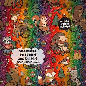 May include: A seamless pattern featuring cartoon animals in wheelchairs, including a deer, squirrel, raccoon, hedgehog, bear, fox, and rabbit, amidst Christmas trees, gifts, and birds on a glittery rainbow background with text 4 Extra Colors Included.