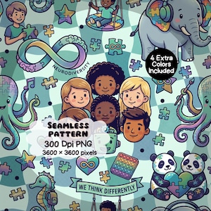 Puede incluir: Un patrón sin costuras con ilustraciones de dibujos animados de niños, un elefante con auriculares, un pulpo, un caballito de mar y pandas sosteniendo un corazón. Incluye piezas de rompecabezas, símbolos de infinito y el texto SEAMLESS PATTERN 300 Dpi PNG 3600 x 3600 pixels, 4 Extra Colors Included y WE THINK DIFFERENTLY.