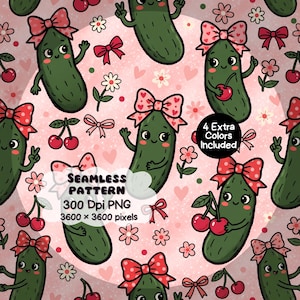 May include: A seamless pattern featuring cartoon green pickles with faces, wearing patterned bows, surrounded by red cherries, small pink flowers, and hearts on a light pink background. Text reads: SEAMLESS PATTERN 300 Dpi PNG 3600 x 3600 pixels.