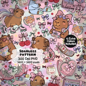 May include: A seamless pattern featuring brown capybaras, teddy bears, pink roller skates, heart-shaped backpacks, cassette players, and strawberry milk cartons. The design includes bows, cherries, and text reading SEAMLESS PATTERN 300 Dpi PNG 3600 x 3600 pixels.